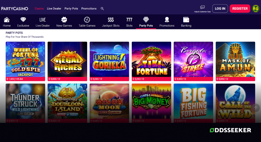A screenshot of the desktop casino games library page for PartyCasino